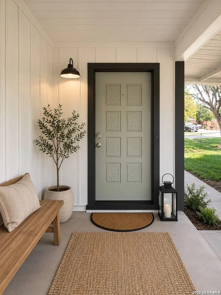 Covered front entry with sage-green front door
