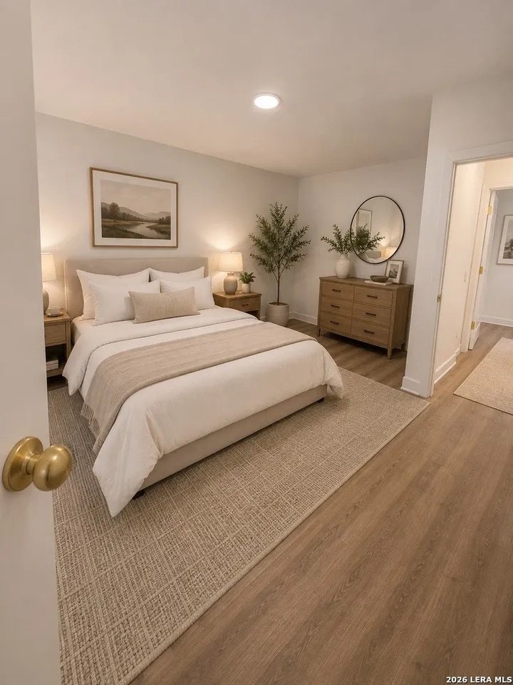 Bedroom with wood-look flooring and natural light