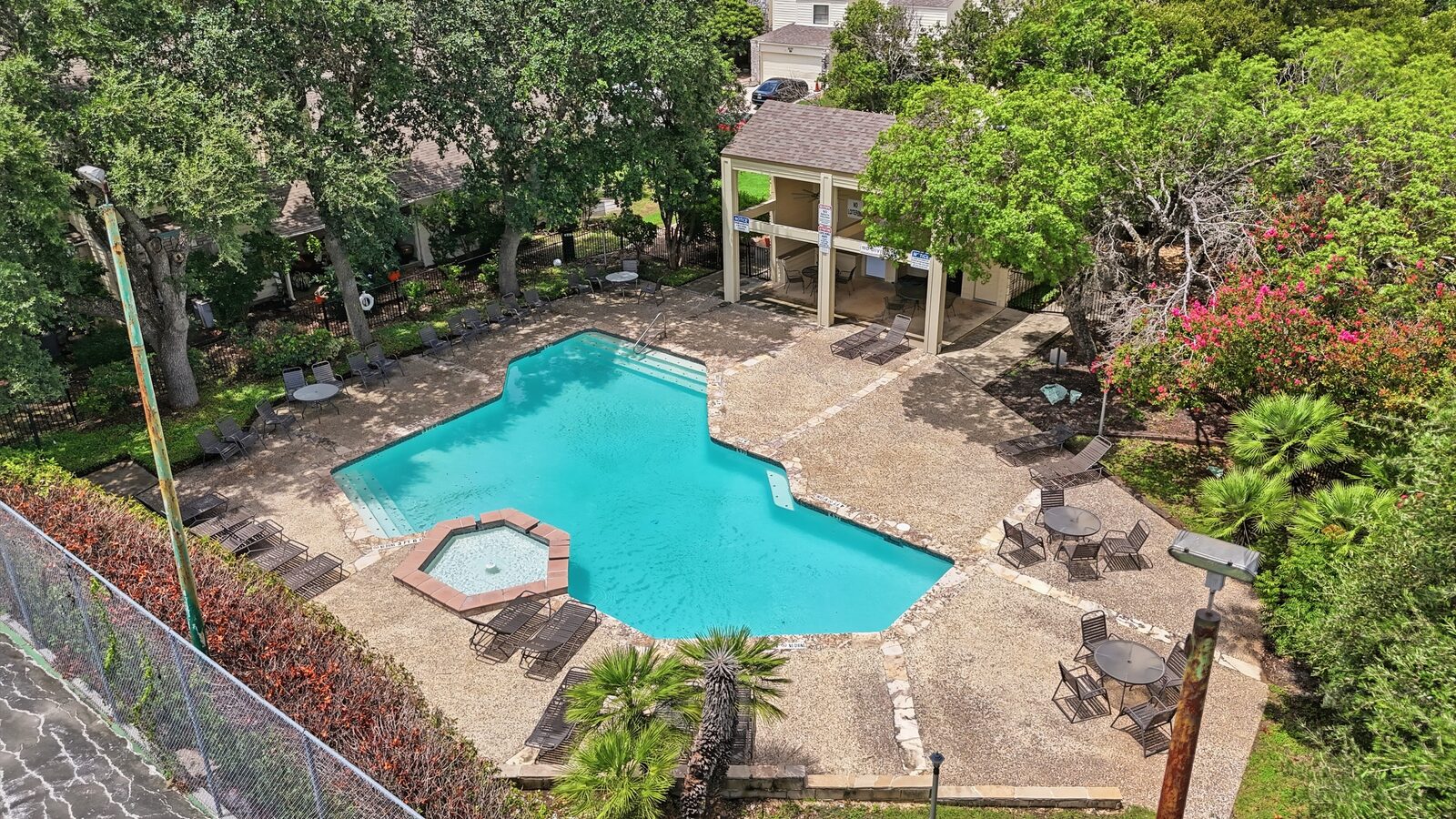 Aerial view of the community pool and clubhouse